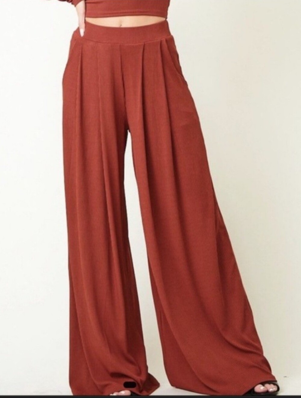 Caramel BROWN Ribbed Wide-Leg High-Rise Pants